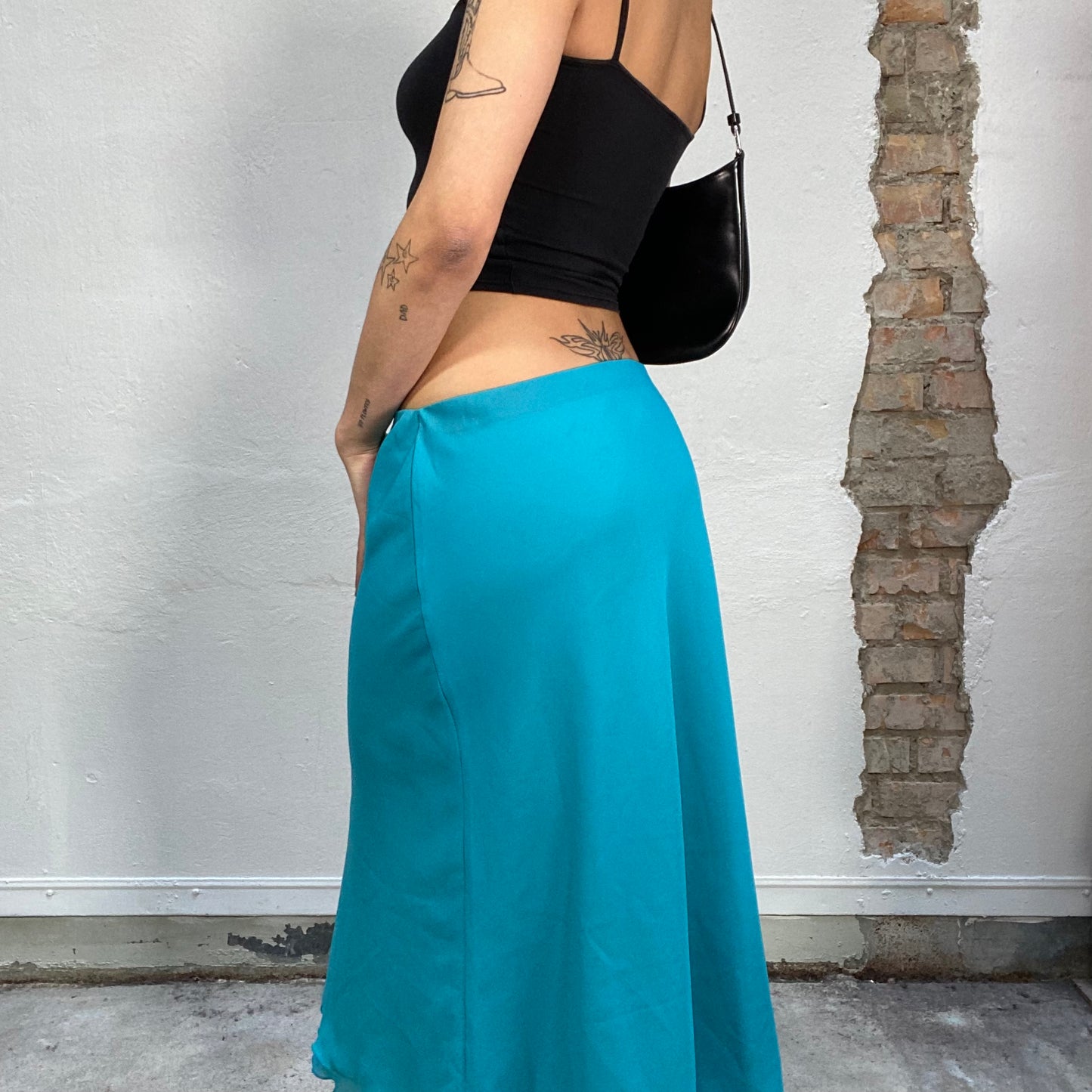 Vintage 2000's Funky Aqua Blue Maxi Skirt with Ruffle Trim (S)