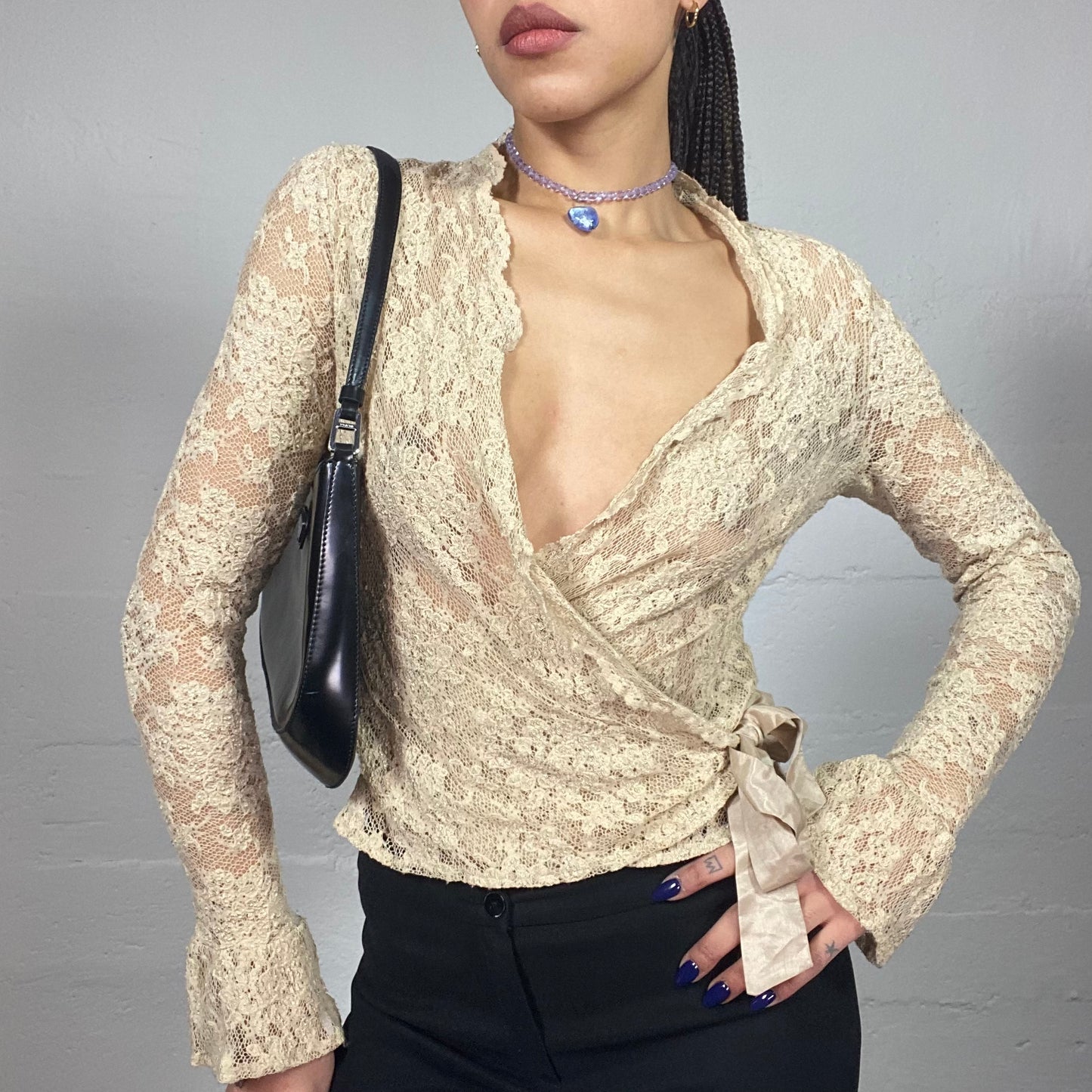Vintage 2000's Coquette Girl Champagne Crossed Longsleeve Blouse with Satin Ribbon Detail (M)
