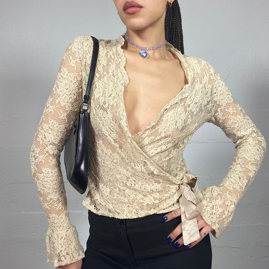 Vintage 2000's Coquette Girl Champagne Crossed Longsleeve Blouse with Satin Ribbon Detail (M)
