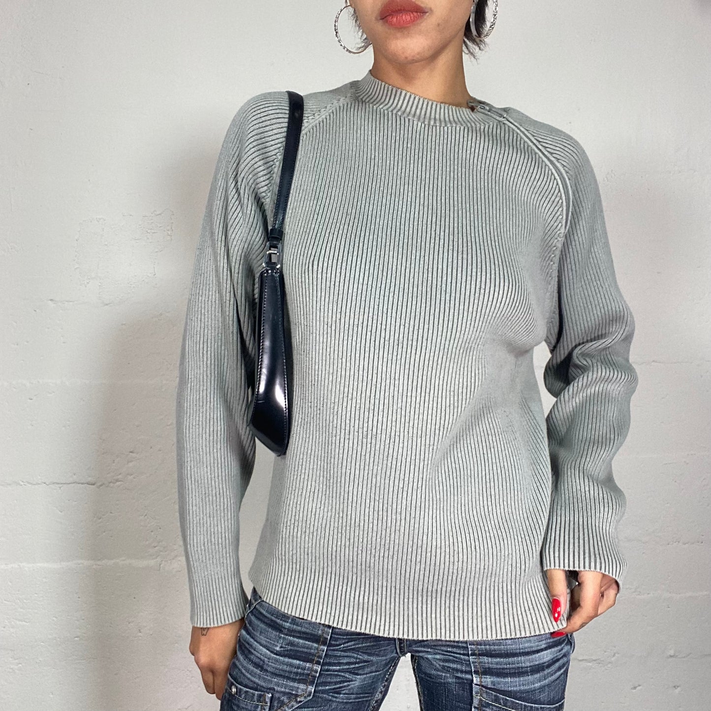 Vintage 90's Classic Stone Grey Pullover with Neck Side Zip Up Detail (L)