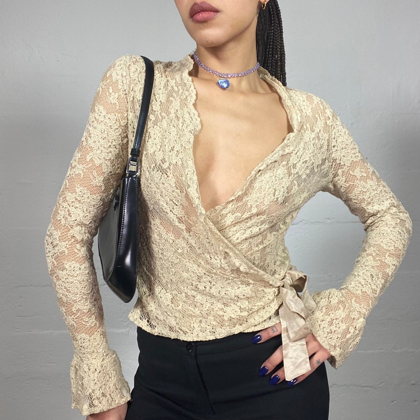 Vintage 2000's Coquette Girl Champagne Crossed Longsleeve Blouse with Satin Ribbon Detail (M)