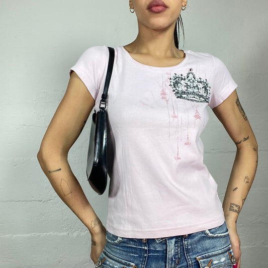 Vintage 2000's Sporty Pink Top with Strass Crown Print Detail (S)