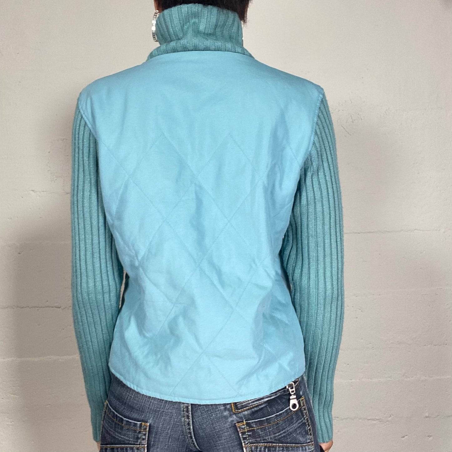 Vintage 2000's Downtown Girl Blue Jacket with Knitted Sleeves and Highneck Detail (S/M)