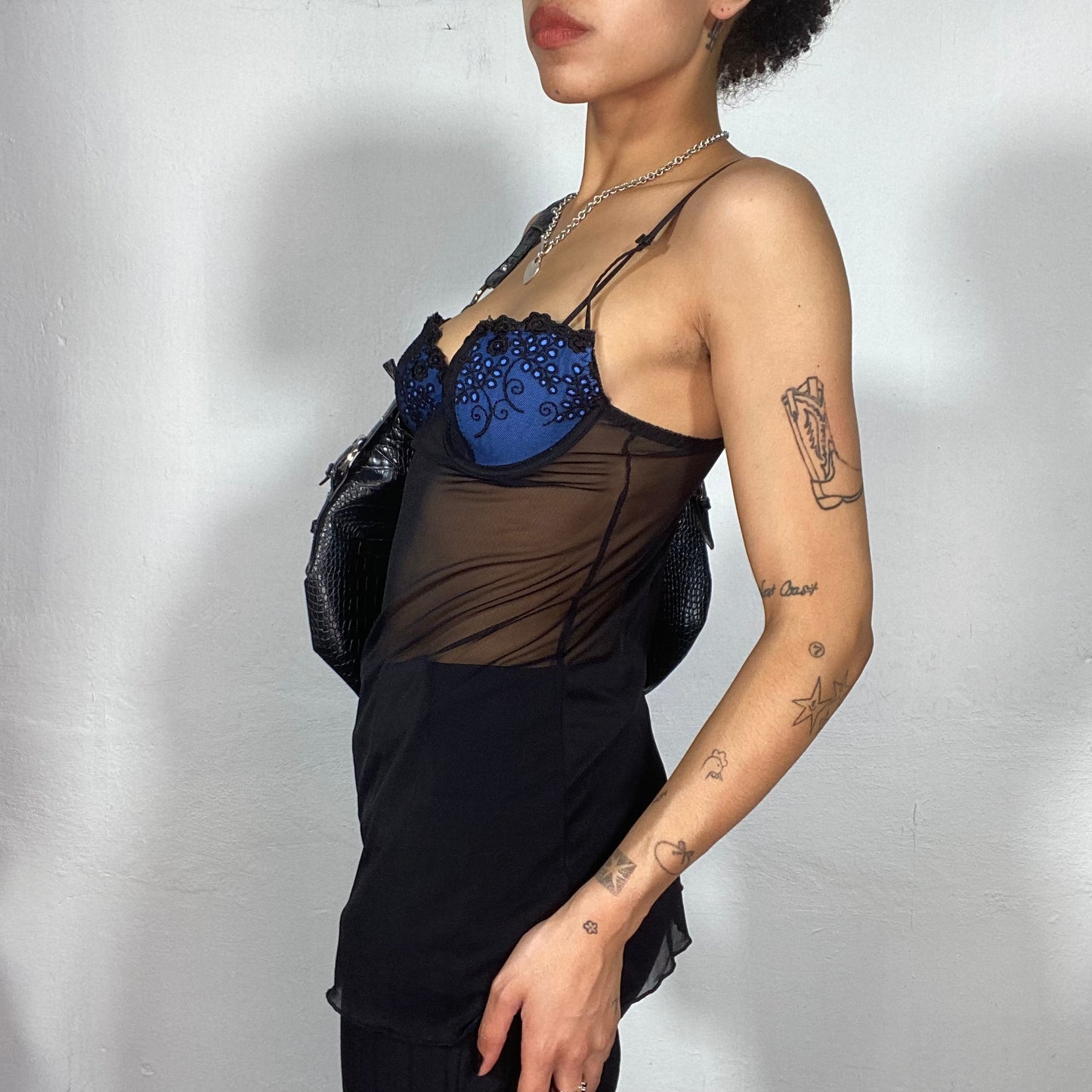 Vintage 2000's Lingerie Blue Bra Top with Black Mesh Detail (S)