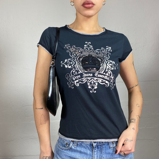 Vintage 2000's Pepe Jeans Black Top with Metallic Badge Crown Print (S)