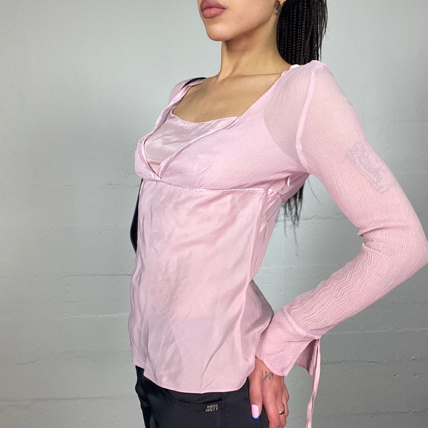 Vintage 2000's Soft Girl Pink Longsleeve Top with See Through Material (M)