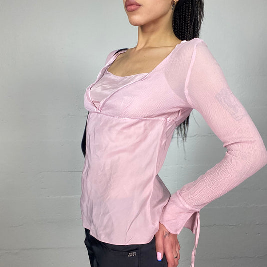 Vintage 2000's Soft Girl Pink Longsleeve Top with See Through Material (M)