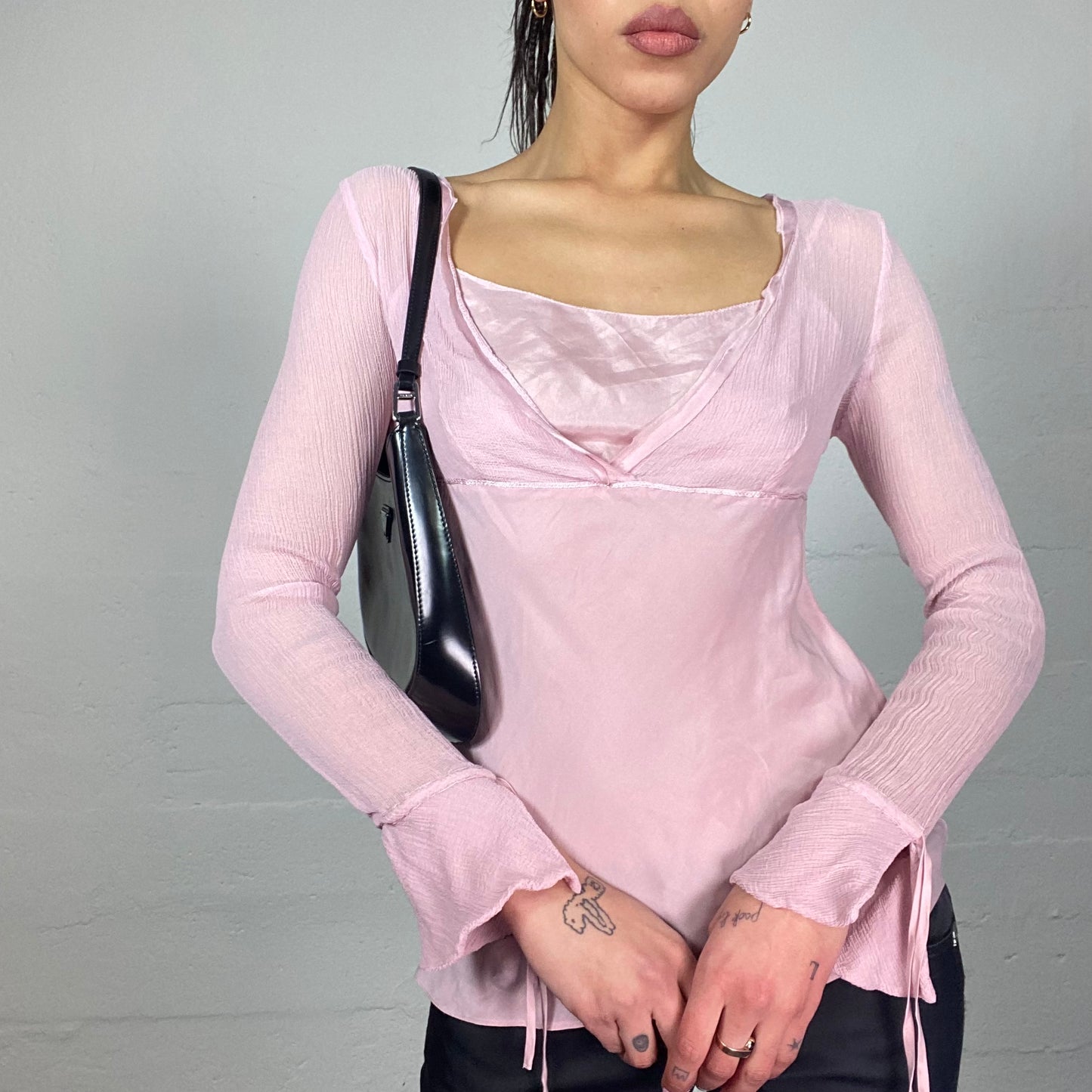 Vintage 2000's Soft Girl Pink Longsleeve Top with See Through Material (M)