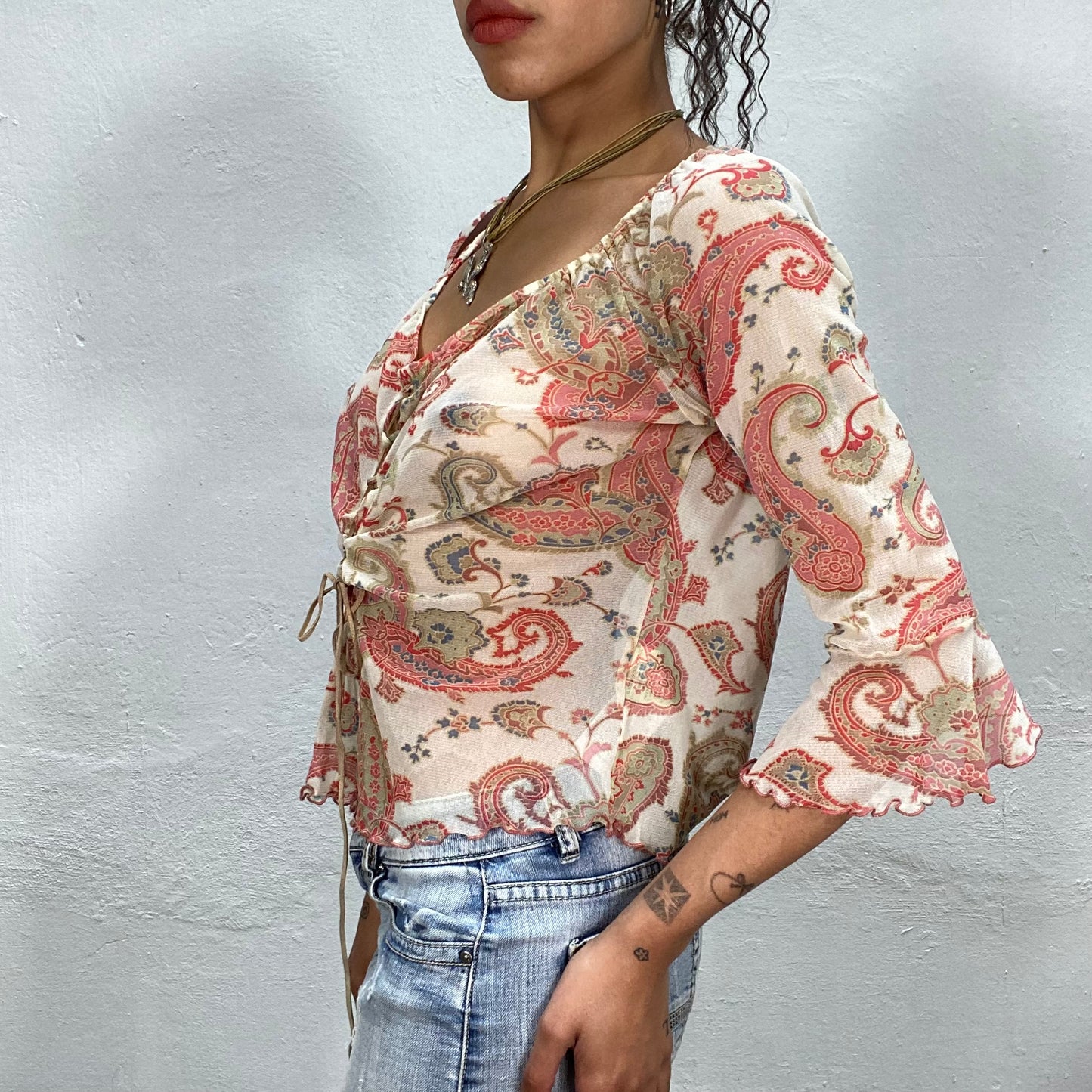 Vintage 90's Indie Mesh White Midi Sleeve Blouse with Paisley Print and Lace Up Detail (S/M)