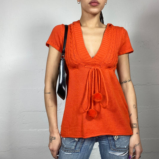 Vintage 2000's English It Girl Orange Knit Hooded Cardigan with Pompons Lace Up Detail (M)