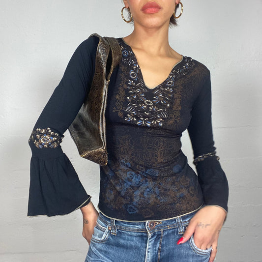 Vintage 90's Boho-Girl Navy Blue Angel Longsleeve Blouse with Floral Print (S/M)