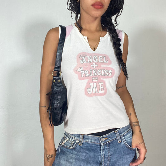 Vintage 2000's Downtown Girl White Top with "Angel + Princess= Me" Pink Print Detail (S/M)