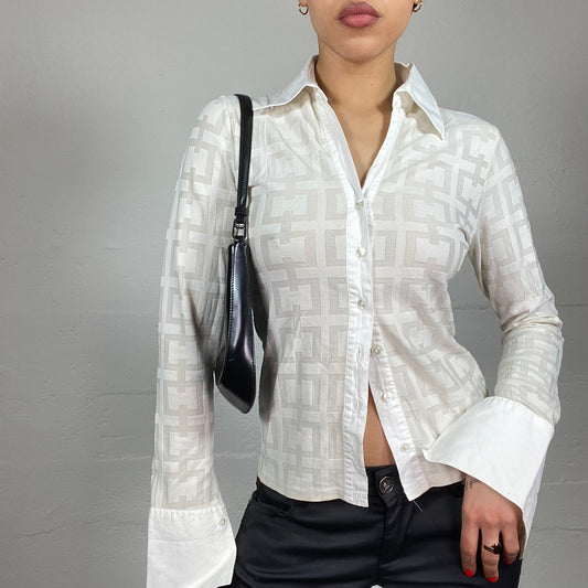Vintage 2000's Office Girl White Longsleeve Shirt Top with Chain Print Detail (S)