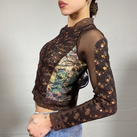 Vintage 2000's Batik Brown Zip Up Jacket with Mesh Longsleeves and Floral Lace Work Detail (S)