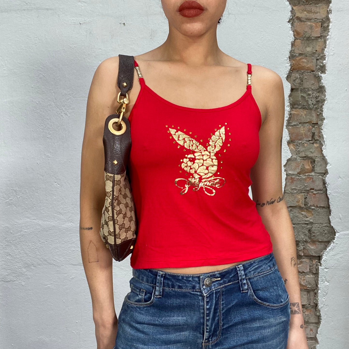 Vintage 2000's Playboy Red Top with Gold Logo Print (S)