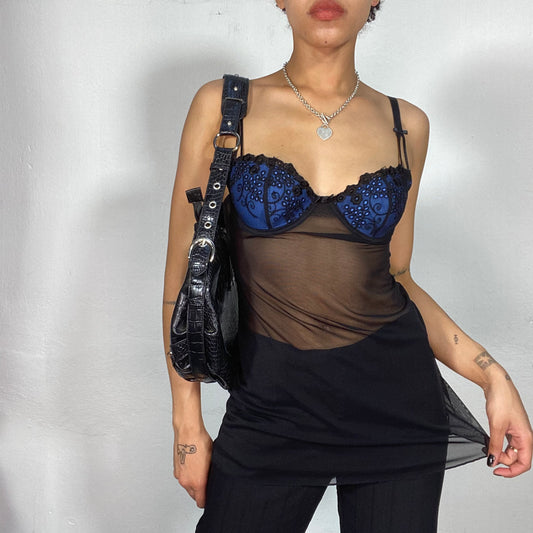 Vintage 2000's Lingerie Blue Bra Top with Black Mesh Detail (S)