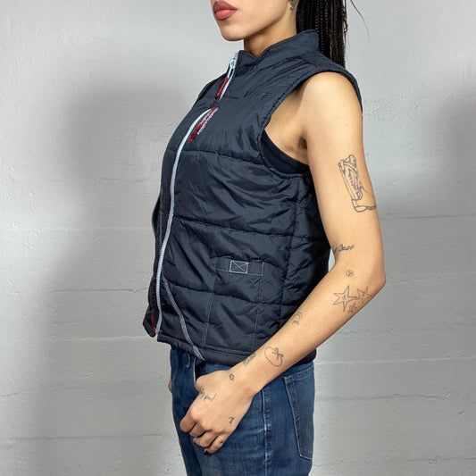 Vintage 2000's Sporty Black Zip Up Puffed Vest with Red and Grey Lining (M)