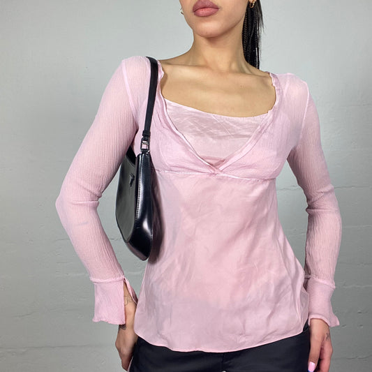 Vintage 2000's Soft Girl Pink Longsleeve Top with See Through Material (M)