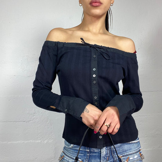 Vintage 90's Office Girl Black Off Shoulder Longsleeve Blouse with Button Up Detail (S)