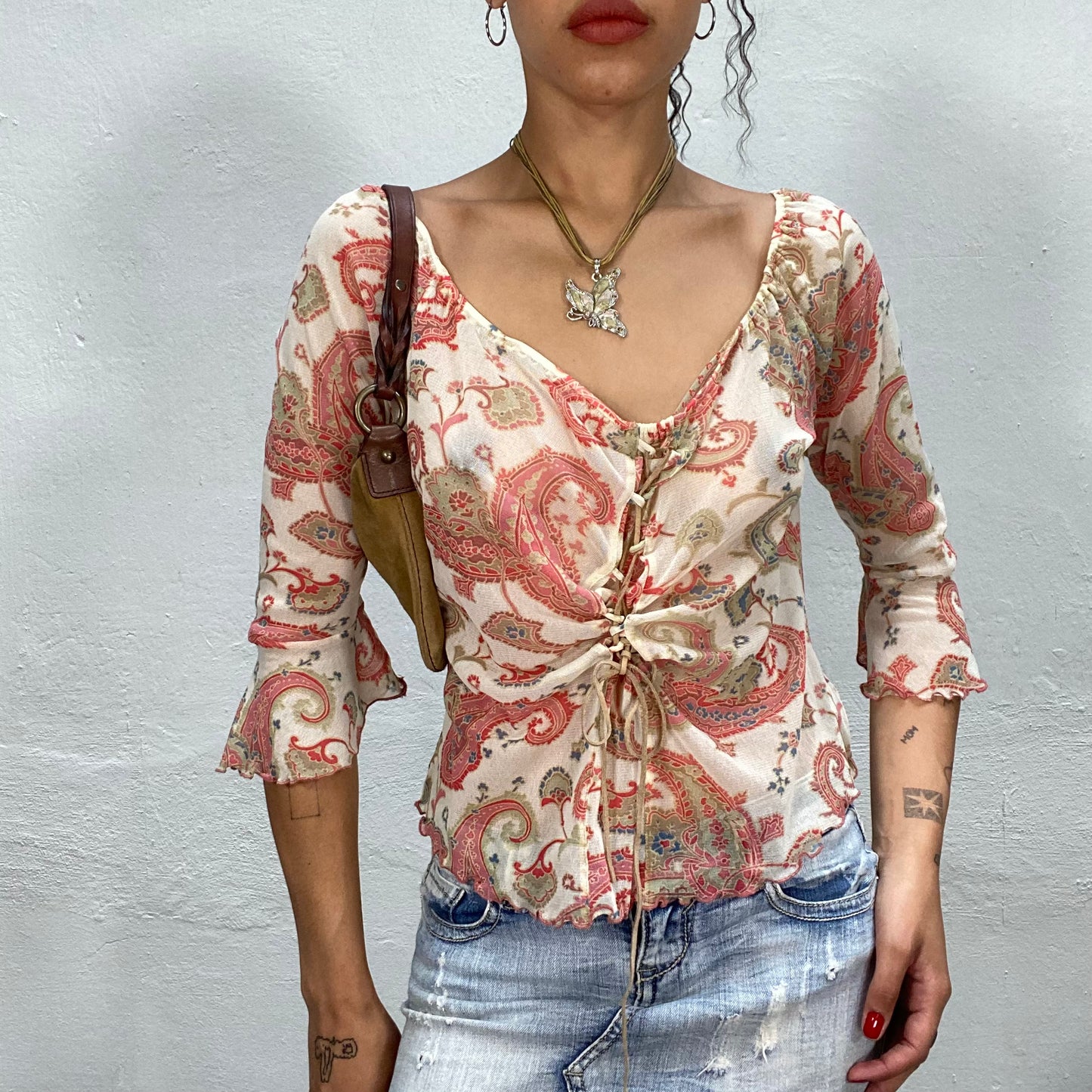 Vintage 90's Indie Mesh White Midi Sleeve Blouse with Paisley Print and Lace Up Detail (S/M)