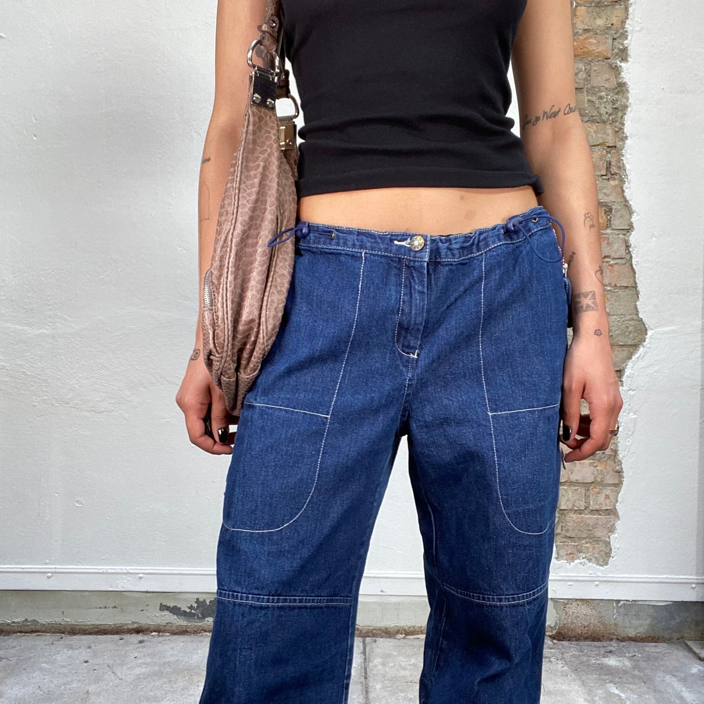 Vintage 2000's Skater Baggy Denim Cargo Pants with Red Pocket Detail (M)