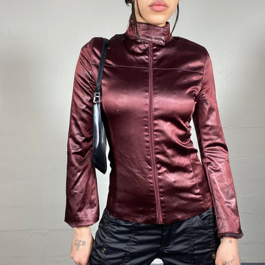 Vintage 2000's Charlie's Angels Bordeaux Short Coat with Satin Material and Highneck Detail (XS)