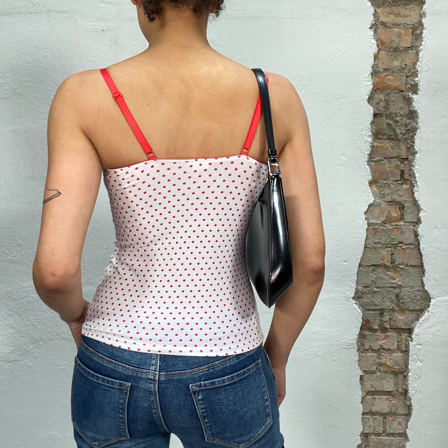 Vintage 90's Soft Girl White Top with Red Polka Dots (S)