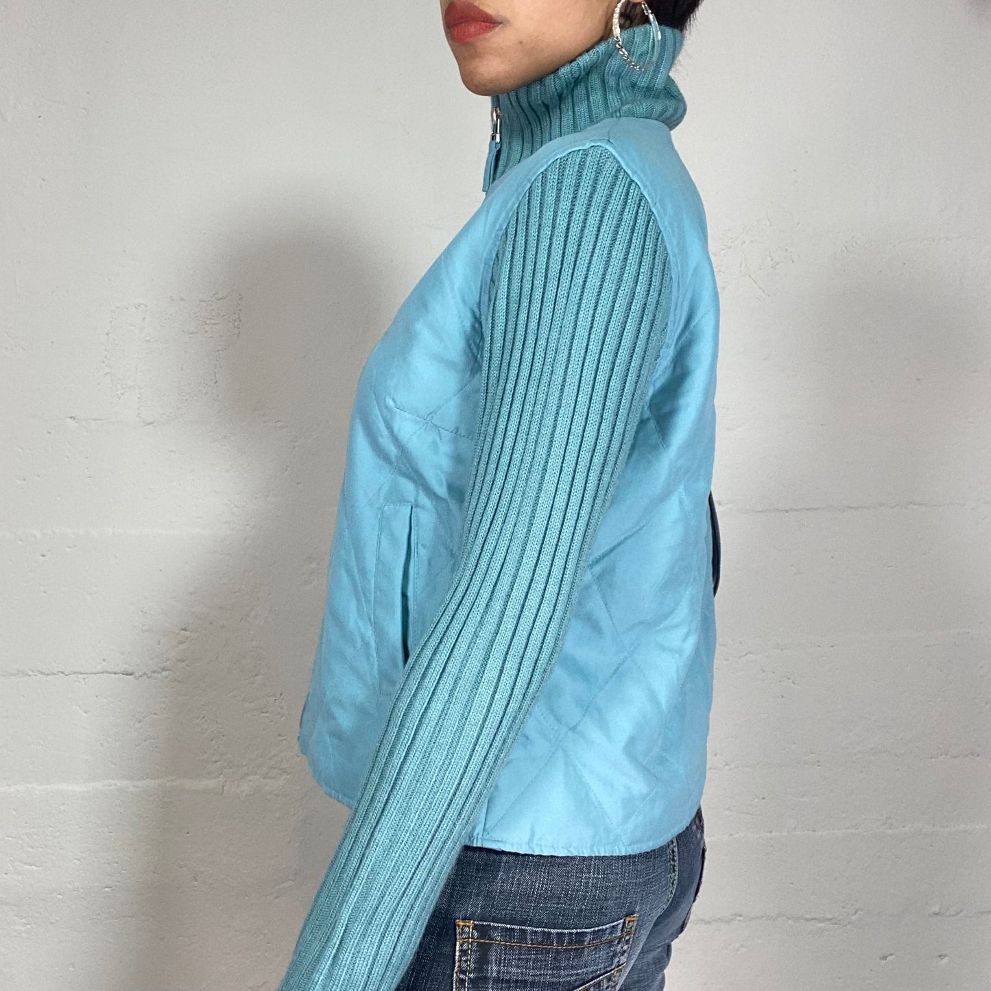 Vintage 2000's Downtown Girl Blue Jacket with Knitted Sleeves and Highneck Detail (S/M)