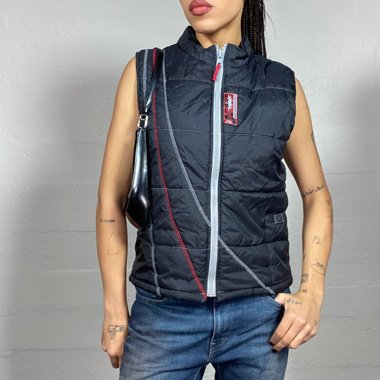 Vintage 2000's Sporty Black Zip Up Puffed Vest with Red and Grey Lining (M)