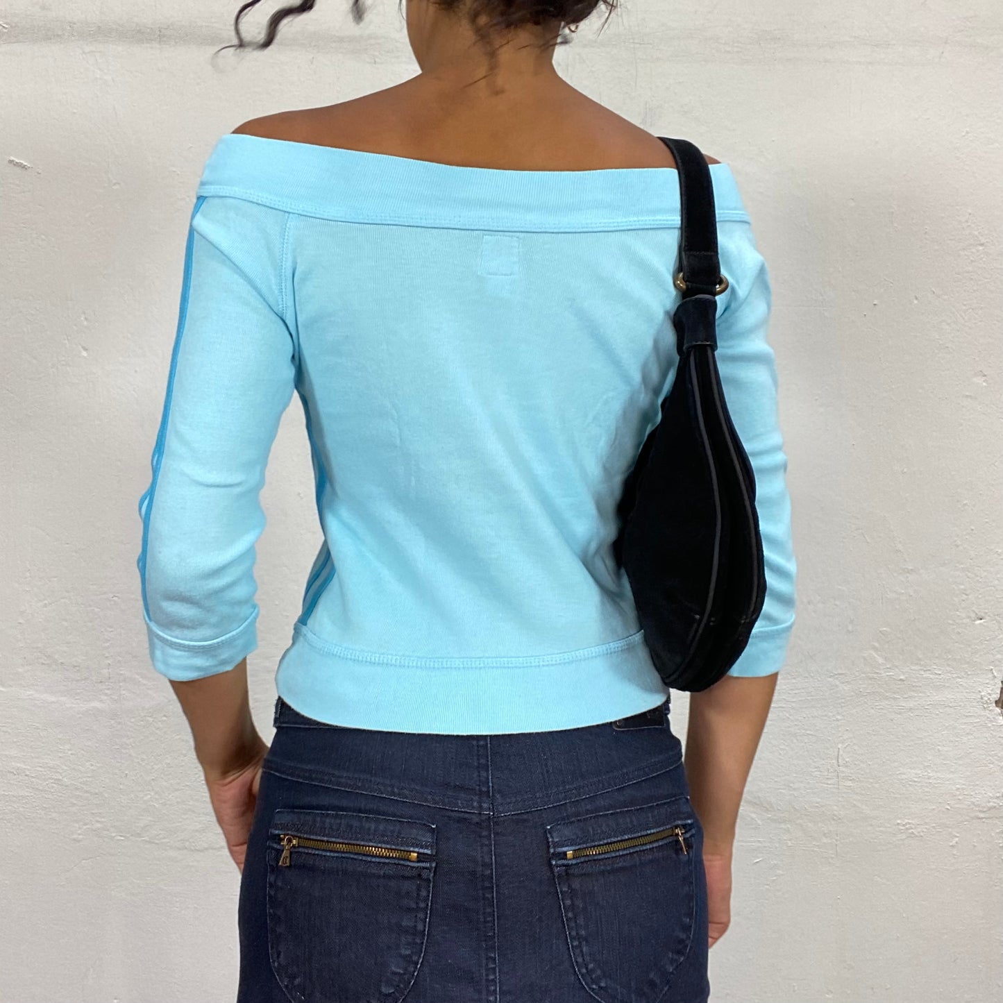 Vintage 2000's Sporty Blue Off Shoulder Longsleeve Top with "Team Girl" Typography Print (S/M)