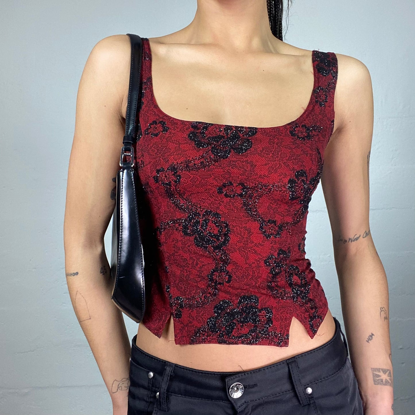 Vintage 2000's Vamp Goth Garnet Corset Top with Black Floral Lacing (S)