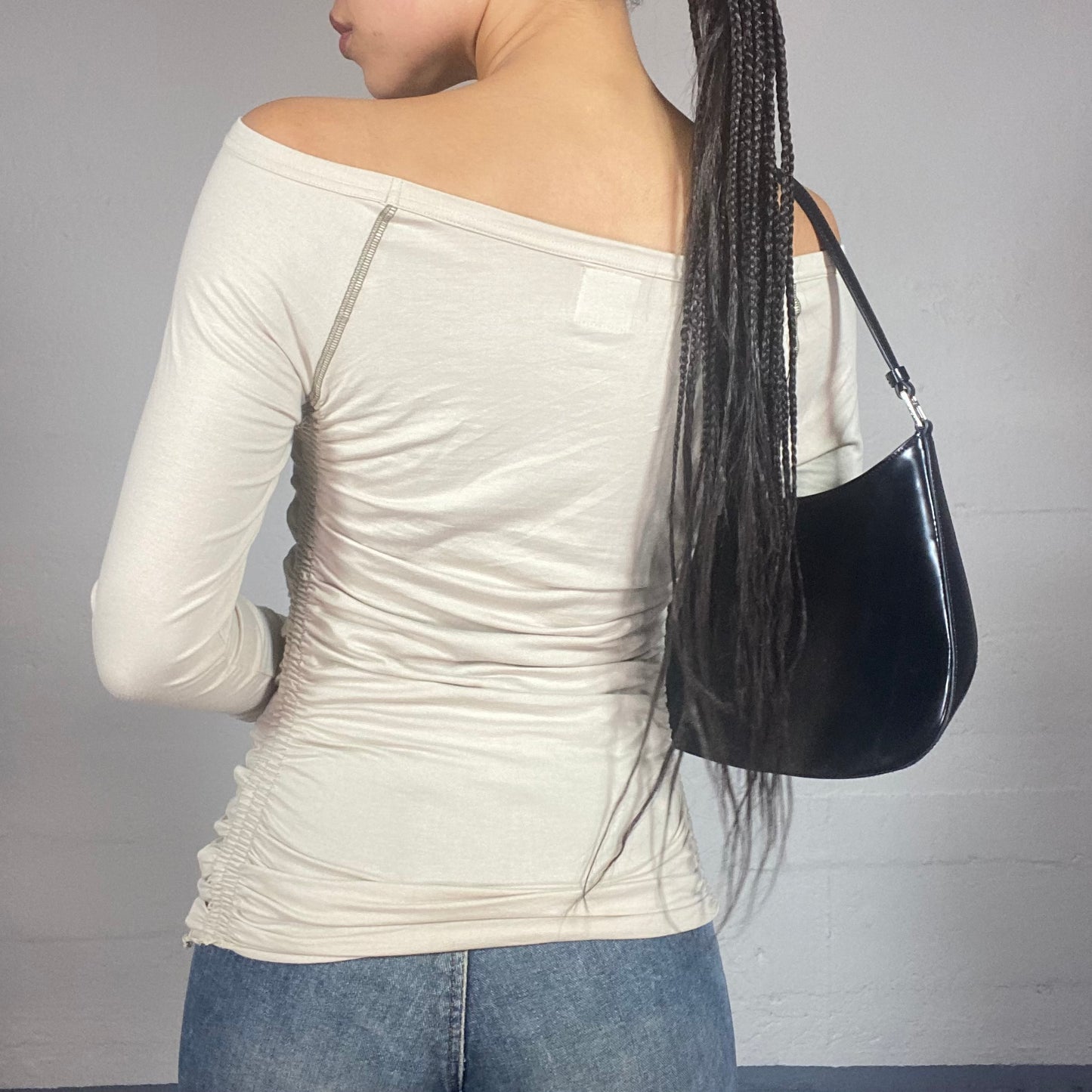 Vintage 2000's Downntown Girl Beige Ruched Long Sleeve Top with 'Onyx Jeans' Camo Patched Up Detail (M/L)
