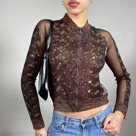 Vintage 2000's Batik Brown Zip Up Jacket with Mesh Longsleeves and Floral Lace Work Detail (S)
