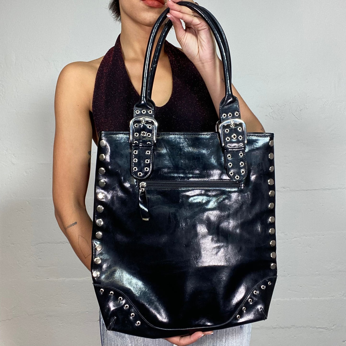 Vintage 2000's Archive Black Glossy Shoulder Bag with Decorative Silver Studs Detail