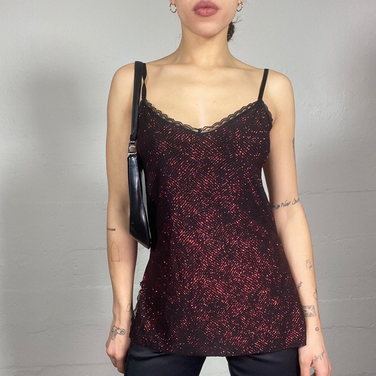 Vintage 90's Clubwear Black Top with Lace Trim and Red Glitter Covering (S/M)