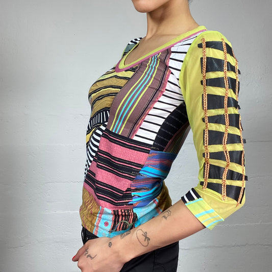 Vintage 2000's Save the Queen Funky Longsleeve Top with Mixed Stripes Print Detail (M)