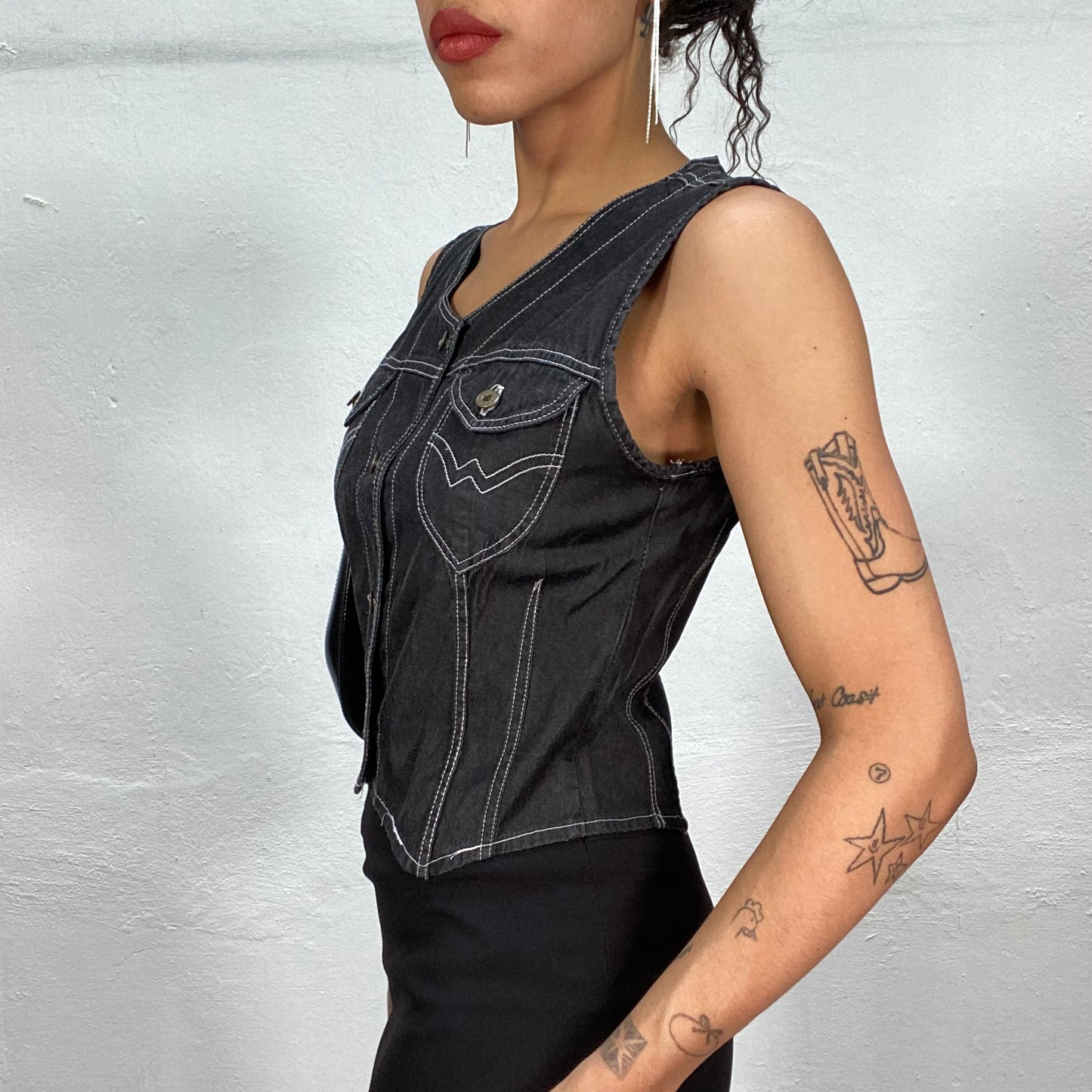 Vintage 90's Archive Grey Denim Vest Top with Front Pocket Details (S/M)