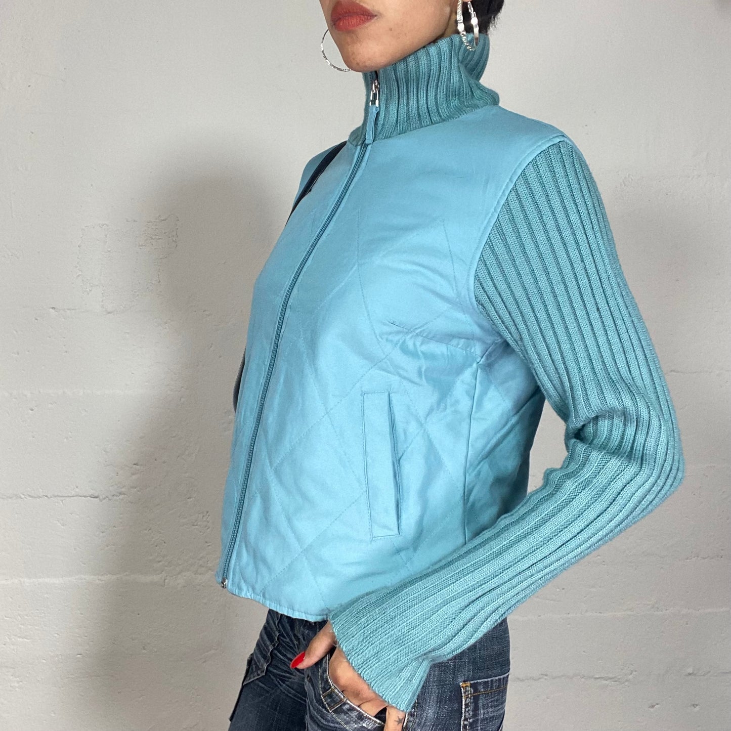 Vintage 2000's Downtown Girl Blue Jacket with Knitted Sleeves and Highneck Detail (S/M)