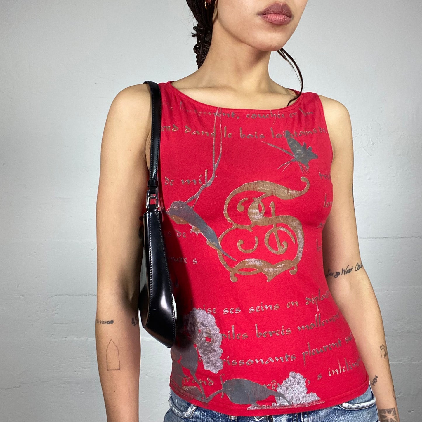 Vintage 90's Phoebe Buffay Red Top with Typography and Floral Print (S)