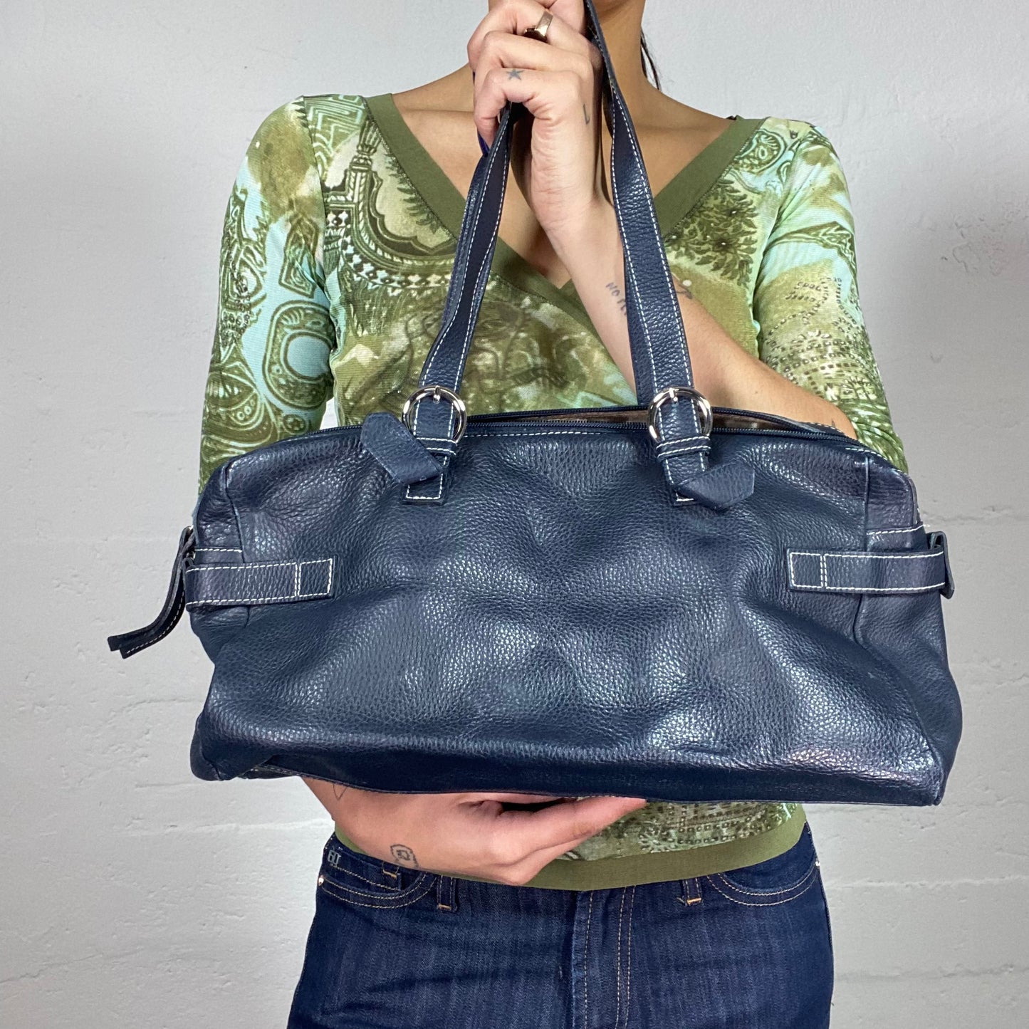 Vintage 90's Rachel Green Black Maxi Leather Shoulder Bag with Silver Holders Detail