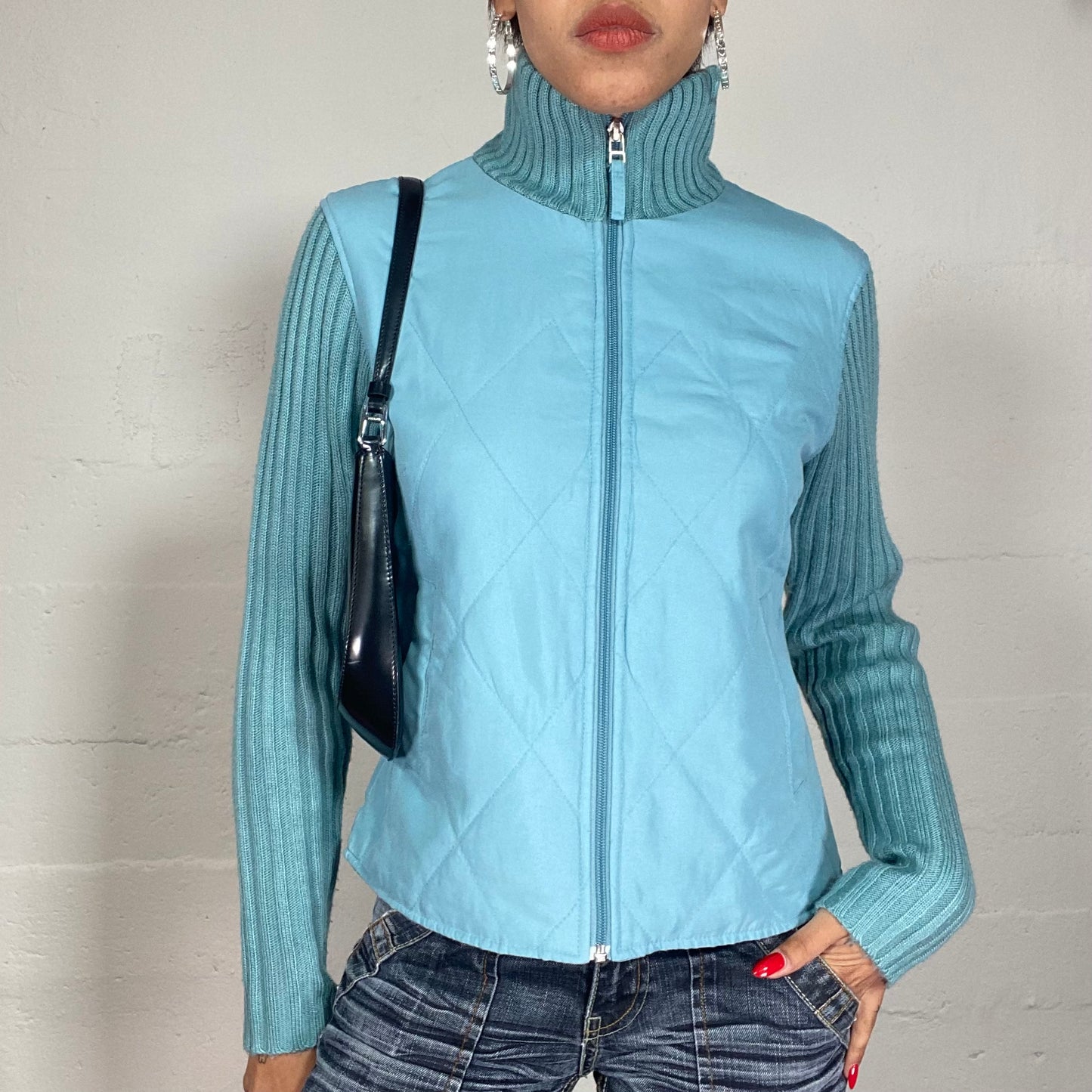 Vintage 2000's Downtown Girl Blue Jacket with Knitted Sleeves and Highneck Detail (S/M)