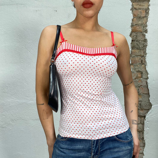 Vintage 90's Soft Girl White Top with Red Polka Dots (S)