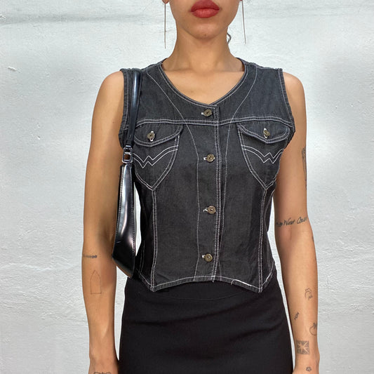 Vintage 90's Archive Grey Denim Vest Top with Front Pocket Details (S/M)