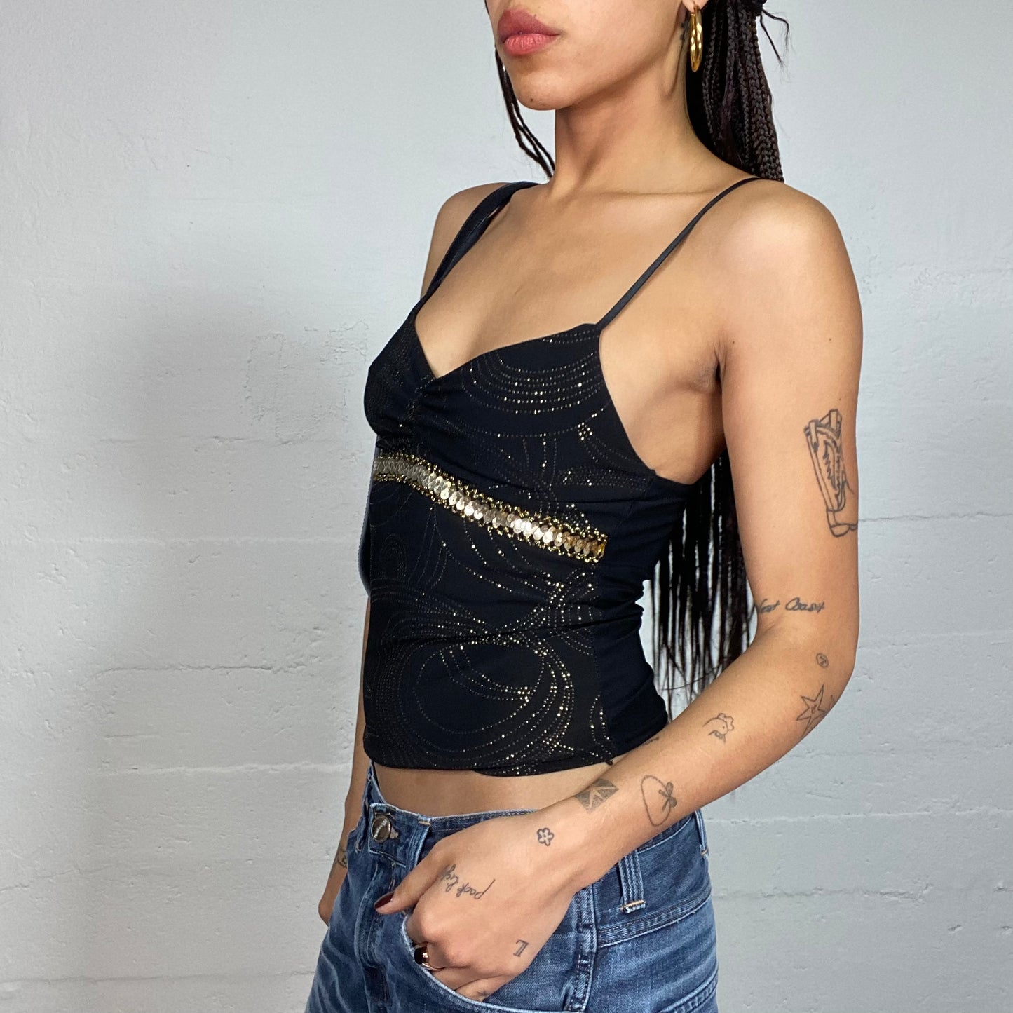 Vintage 2000's Clubwear Black Top with Gold Sequins Belt and Circle Detail (S)