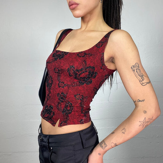 Vintage 2000's Vamp Goth Garnet Corset Top with Black Floral Lacing (S)