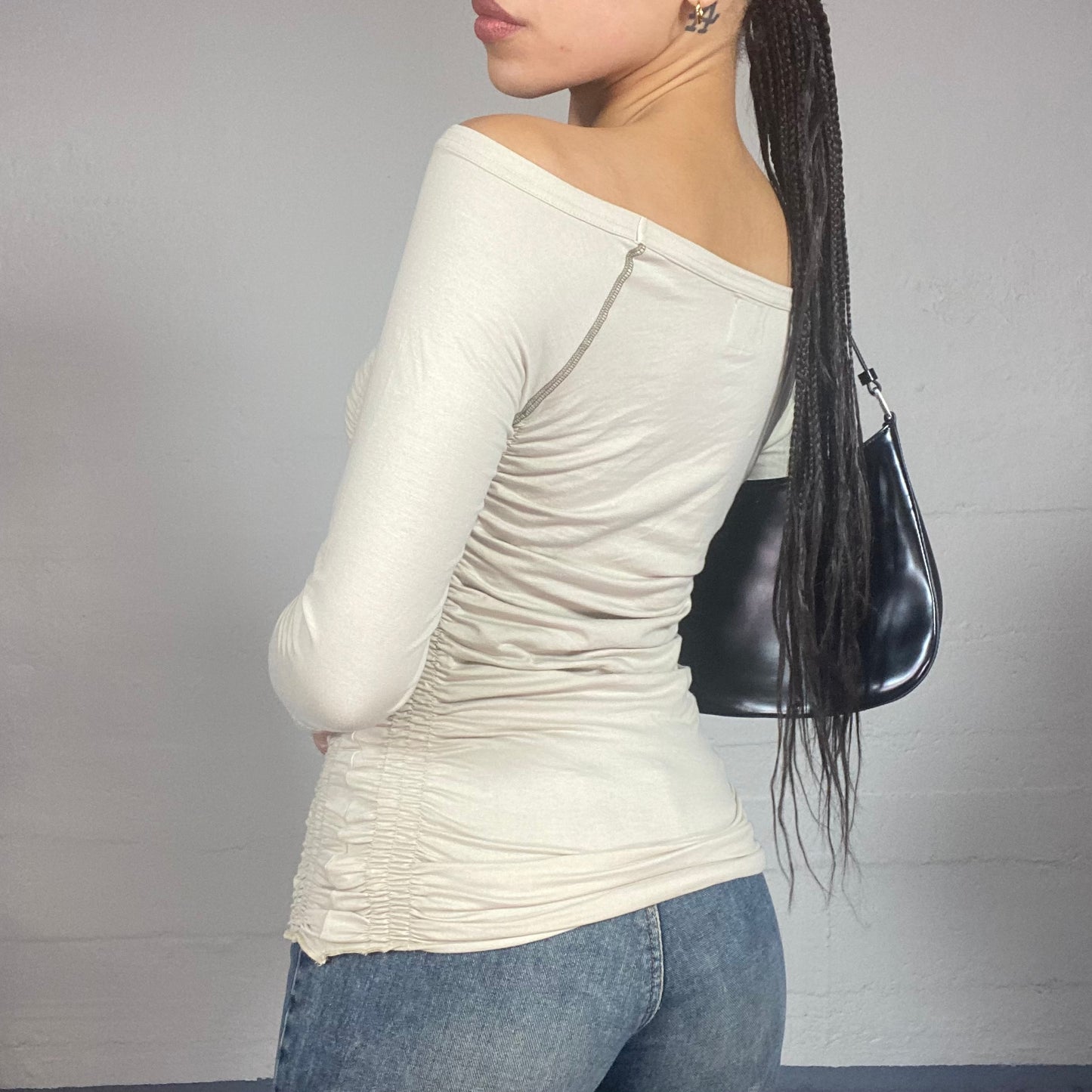 Vintage 2000's Downntown Girl Beige Ruched Long Sleeve Top with 'Onyx Jeans' Camo Patched Up Detail (M/L)