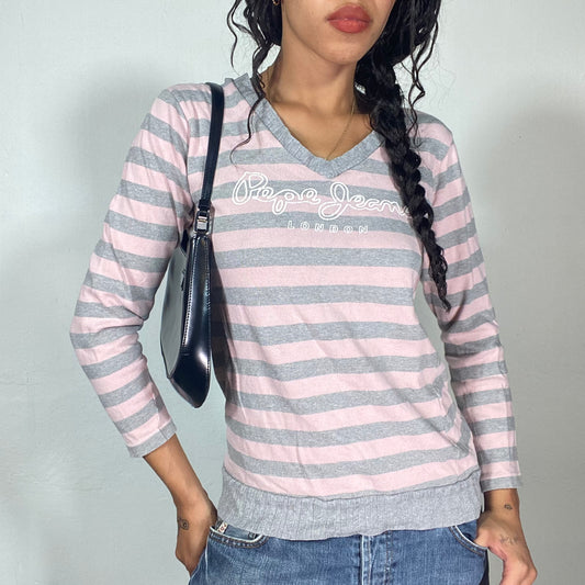 Vintage 90's Pepe Jeans Classic Grey and Baby Pink Stripped Pullover (M)