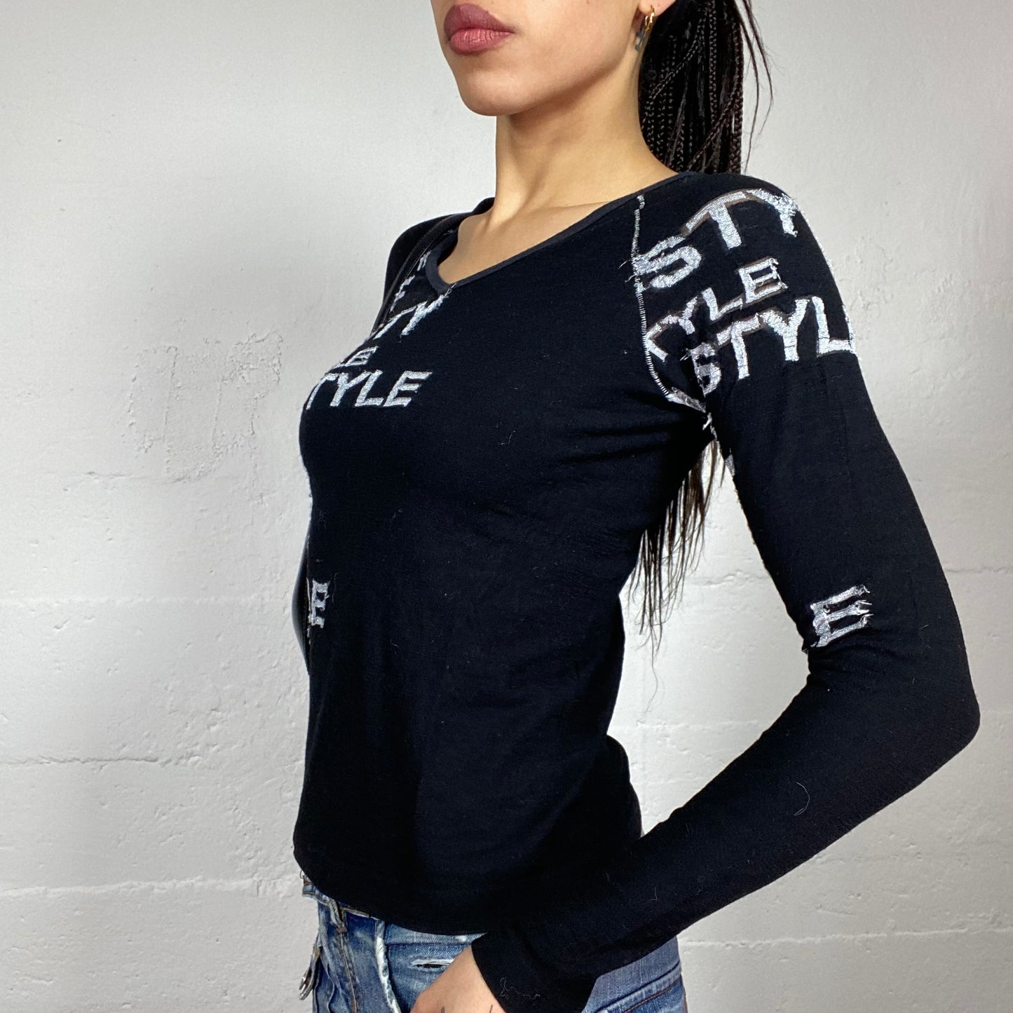 Vintage 2000's Cyber Black Longsleeve Top with Grey Typography Print  (S)