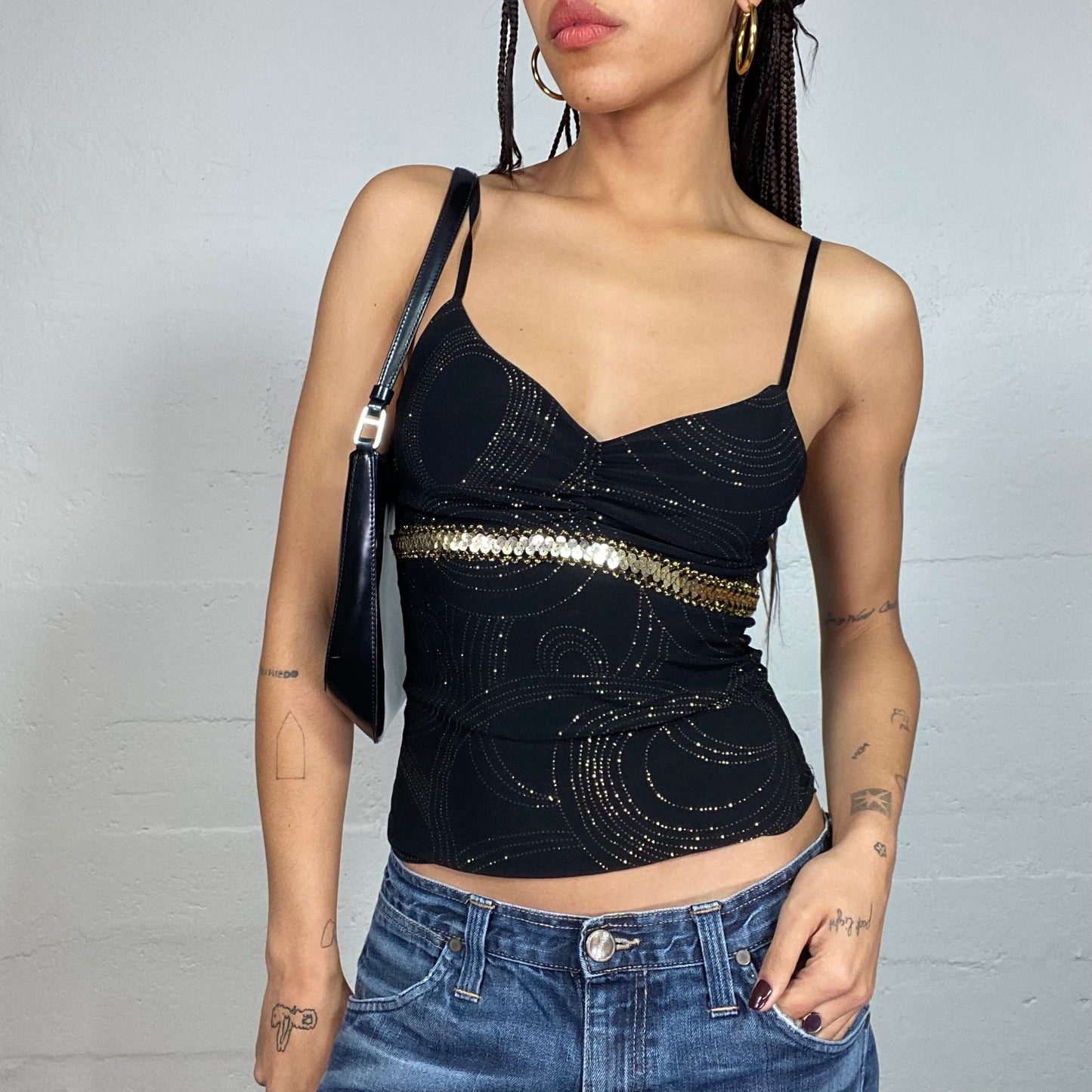 Vintage 2000's Clubwear Black Top with Gold Sequins Belt and Circle Detail (S)