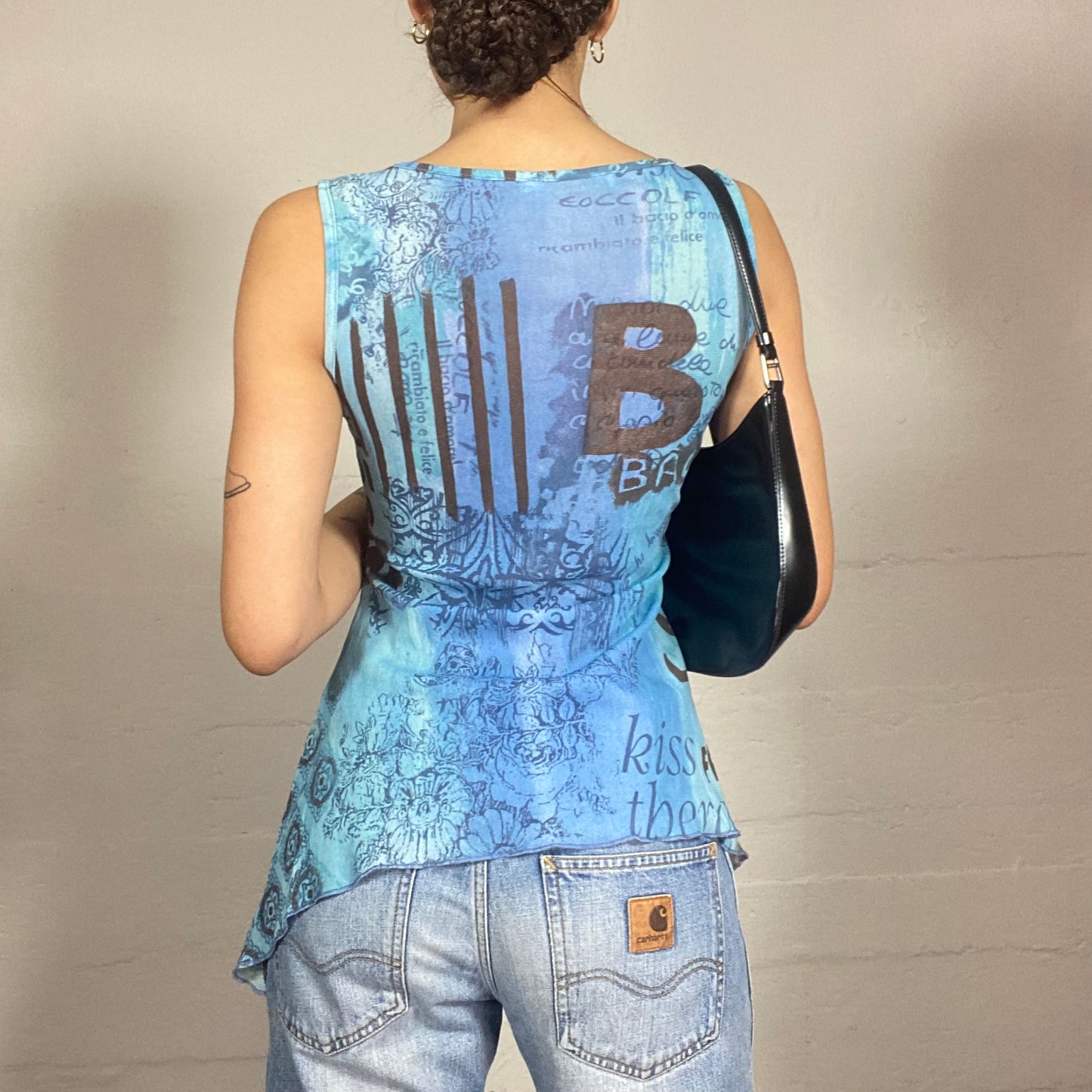 Vintage 90's Hippie Blue Top with Brown Text Print (M)